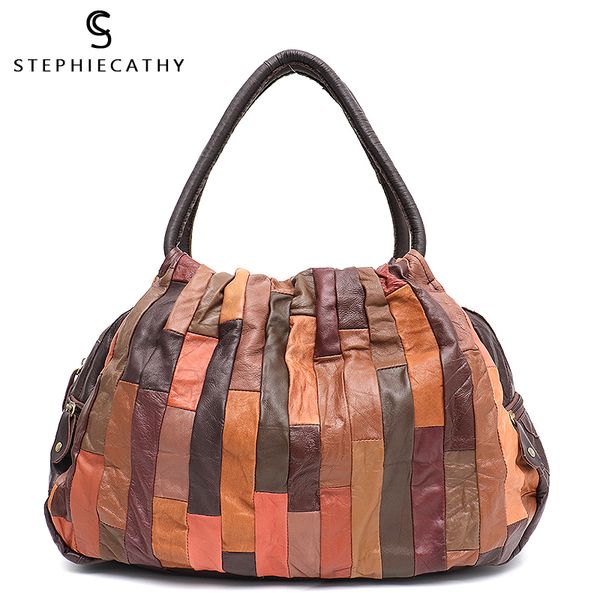 

sc brand design vintage leather patchwork women shoulder bag ladies large sheepskin hobo retro style female travel handbag bolsa t200322