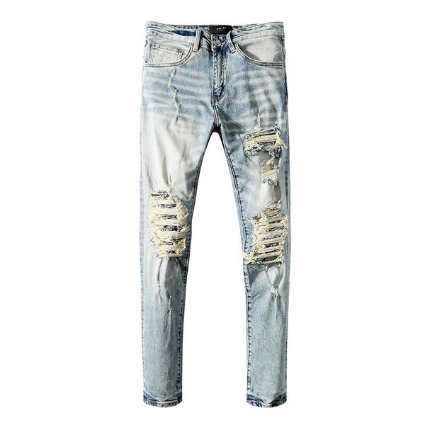 

весна и лето новый европейский вокзал прилив колено патч светло-синий нищий улица тонкие ноги микроэластичные джинсы мужчины, Blue