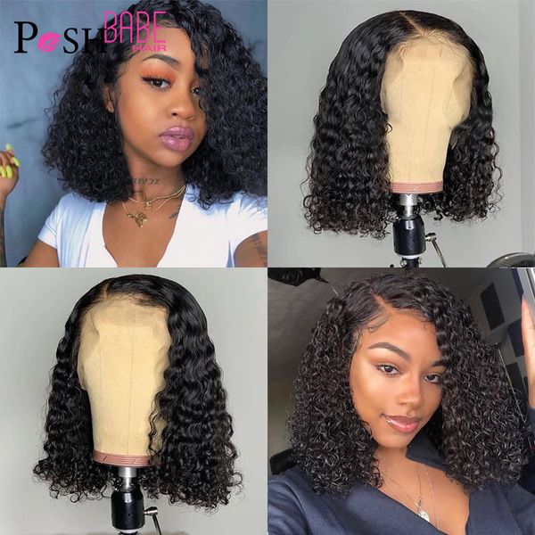 

short curly bob lace front human hair wigs with baby hair brazilian remy natural color pre plucked 13x6 frontal wigs for women, Black;brown