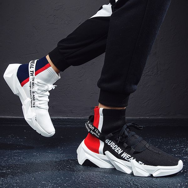 

2019 new high treng breathable flying socks shoes light man sport stretch walking sneakers flat for men shoes zapatillas, Black