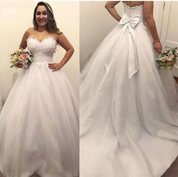

2020 generous a line sweetheart wedding dresses sleeveless zipper back with bow lace appliques bridal gowns custom made, White