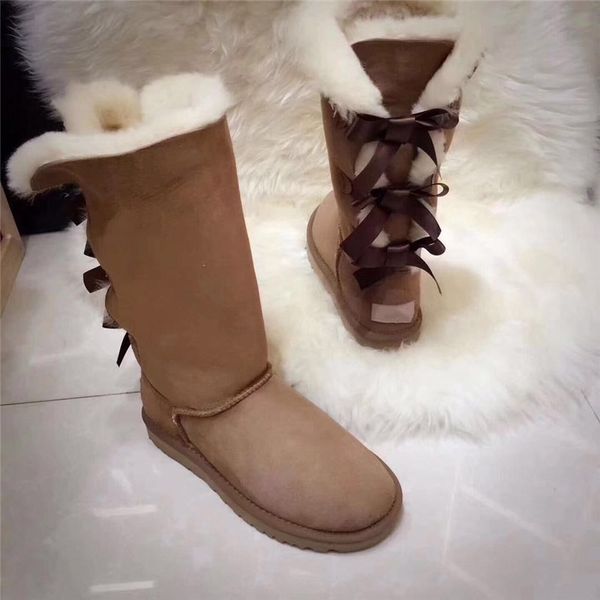 

cuwhf high boots three bows genuine cowhide leather snow boots high with 3 bows winter warm ing, Black