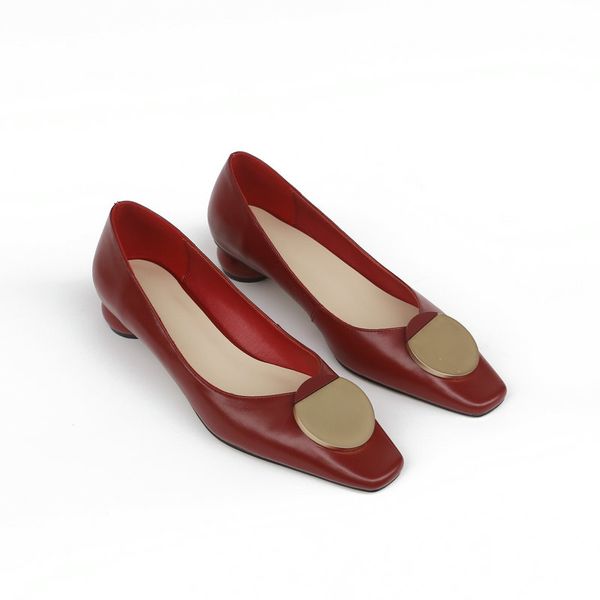 

genuine leather low heeled shoes woman elegant women dress shoes square toe office ladies black red gray