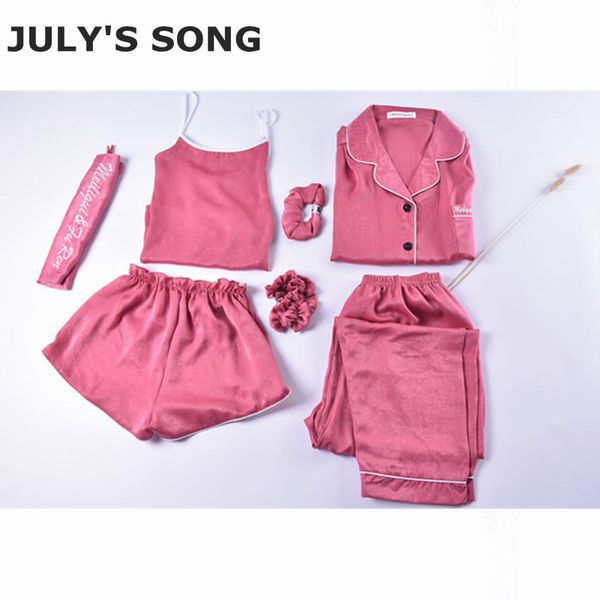 

july's song 7 pieces pajamas set women autumn winter mulberry sleepwear casual women silk pajama sets pink nightwear sling, Blue;gray