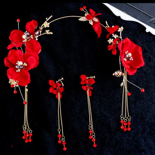 

bride toast serve jin hongshai cotton-like lustring flower an crown headwear tassels a string of beads earrings hair hoop wedding dress gift, Silver