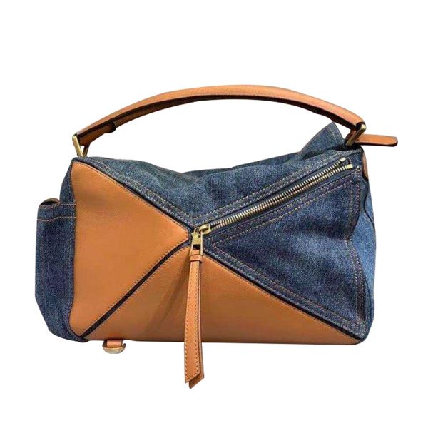 

women's denim canvas bag shoulder slung shoulder bag large geometric stitching handbag ladies casual