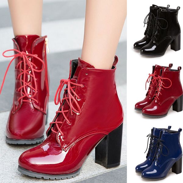 

2019 winter shoes woman boots high heel lace up boots british style patent leather ankle botas mujer invierno 2019 9m2, Black