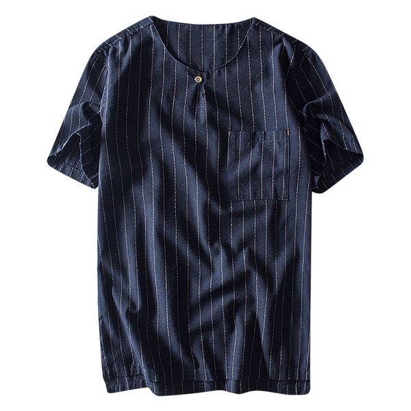 

fashion summer shirts men's cotton linen pocket stripe short sleeve retro blouse, White;black