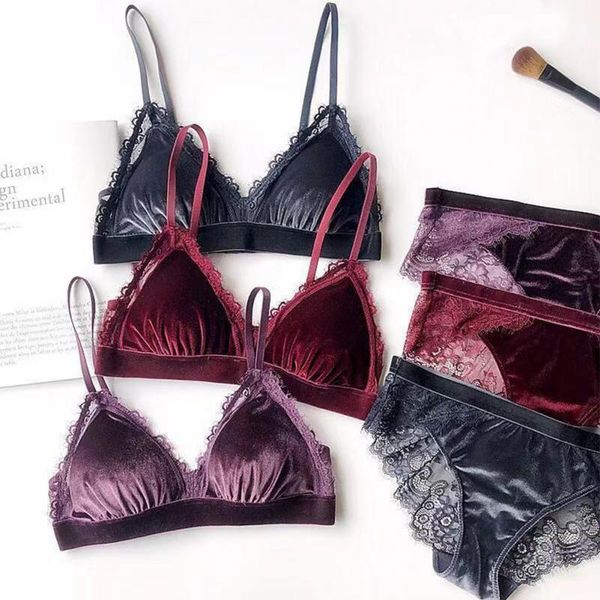 

женщины моды sexy bra set кубок собирает белье проложенных дышащих бюстгальтер мягкого треугольник трусы шнурок бархат сплошного цвет бюстга, Red;black