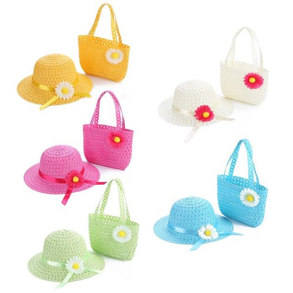

2pcs summer sun hat girls kids straw cap beach hats tote bag flower decor, Yellow