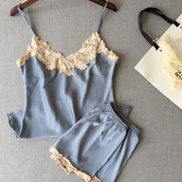 

satin women silk pajamas lingerie 2 units embroidery set lace homewear clothes, Blue;gray