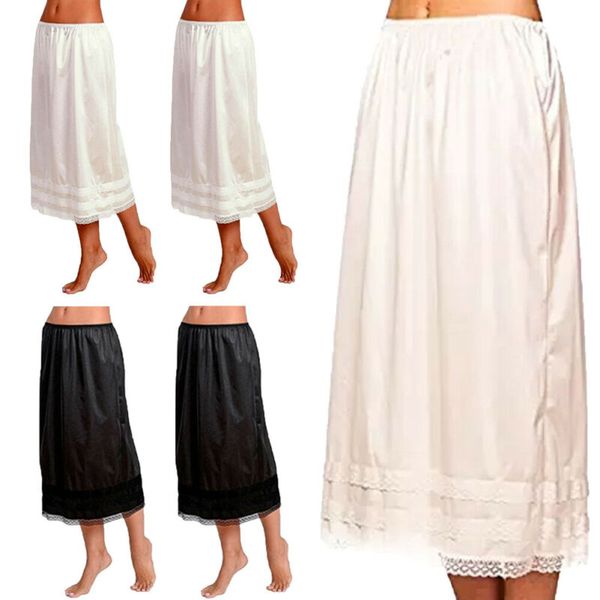 

l-3xl plus size women ladies elastic waist slip ladies womens lace long skirt underskirt petticoat extender gonne white skirts, Black