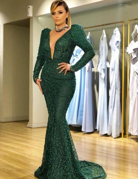 

zuhair murad dark green mermaid prom dresses 2019 v neck pearls dot evening dress long sleeves formal plus size party gowns custom, Black