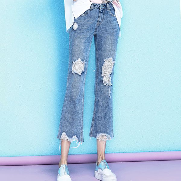 

personality retro holes burr jeans female 2019 summer new arrival high waist stovepipe calf-length jeans women nw19b6143, Blue