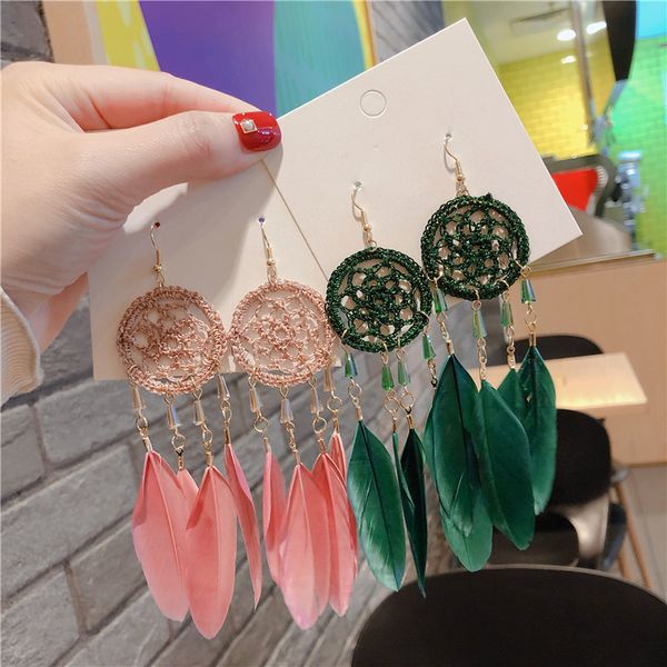 

2020 new korea style simple cute silver pin dreamcatcher feather long drop earrings for women girl fashion jewelry accessories