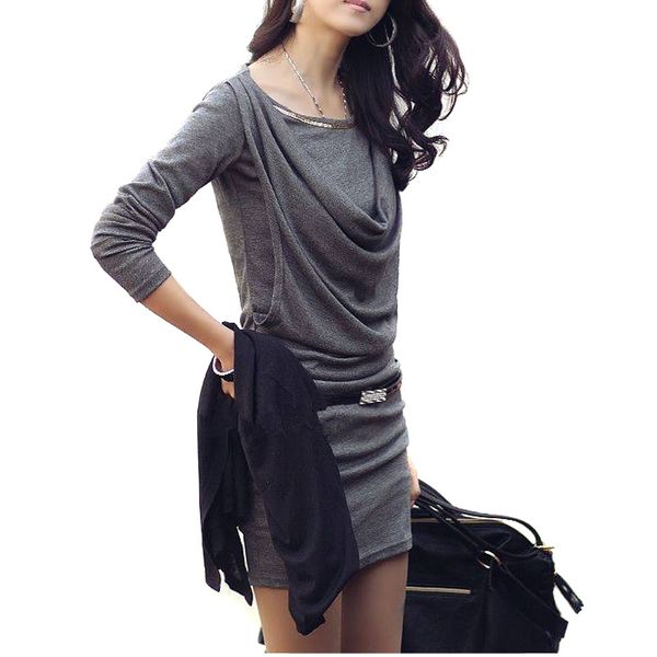 

korean style women mini dress long sleeve slim ol dress casual k-pop female one-piece gray autumn fashion clothing, Black;gray
