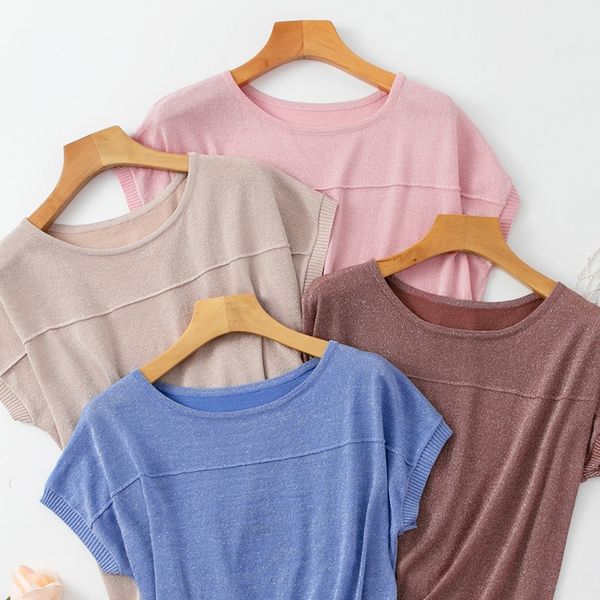 

1688 knied large size women's whie short bat sleeve women's loose thin bright silk t-shirt bat shirt, White