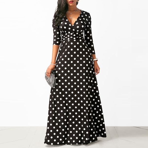 

women polka dot long sleeve boho dress elegant vintage women dresses evening party v neck maxi long dress fashion ladies dresses, Black;gray