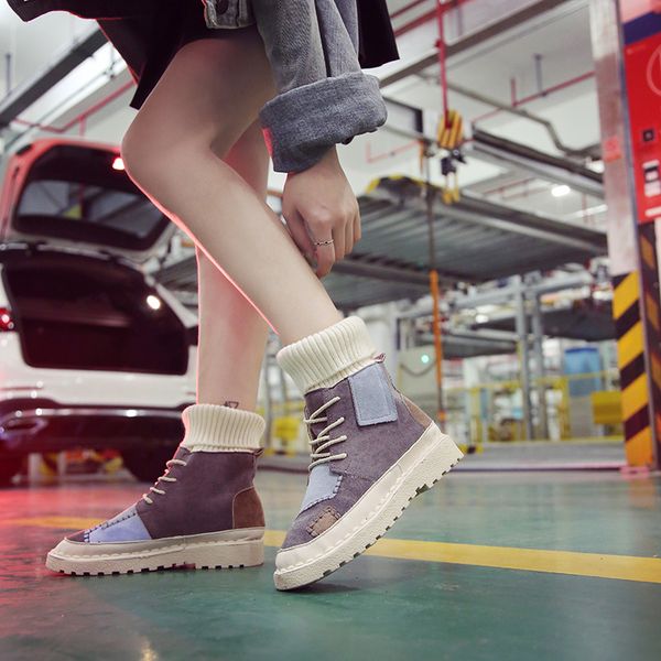 

women's ankle boots platform women shoes autumn winter stitching snow boots ladies motorcycle boots flats leather female shoes, Black