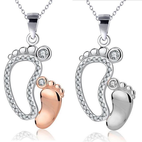 

crystal big small feet pendants necklaces mom baby monther's day gift jewelry simple charm chain neckless jewelry gift, Silver