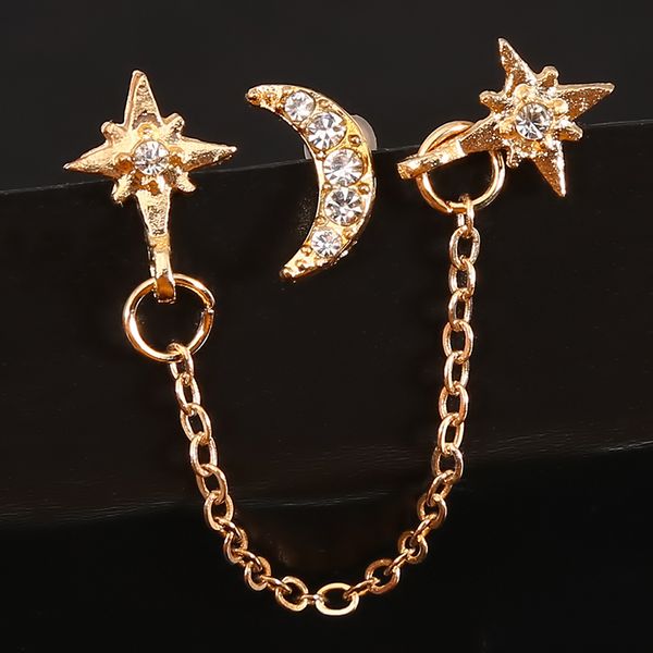 

rhinestone moon star chain stud earrings 3 ear holes silver gold colors women earring set 2020 party jewelry, Golden;silver
