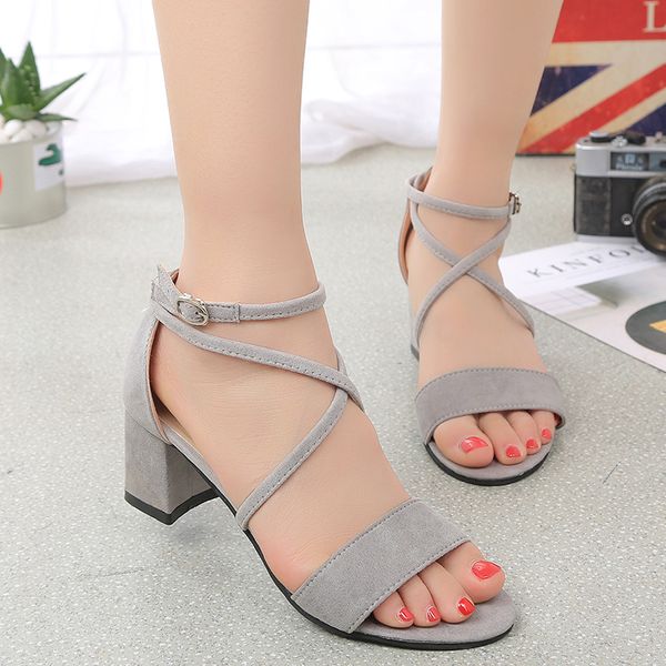 

sandals rimocy high square heels ankle strap women summer 2021 solid flock gladiator shoes woman comfortable sandalias mujer, Black