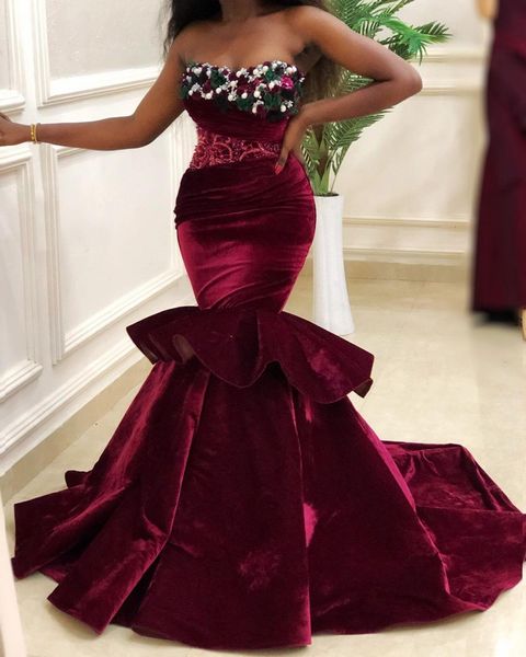 

arabic aso ebi burgundy mermaid evening dresses lace beaded prom dresses velvet formal party second reception gowns, Black;red