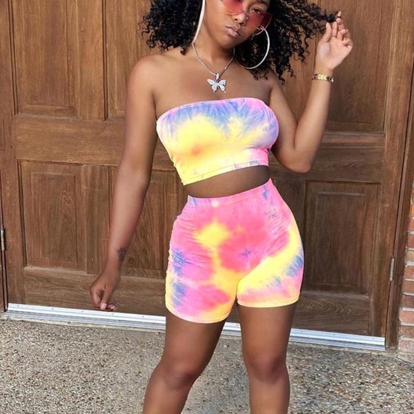 

new 2 piece club outfits for women 2020 festival clothing tube crop and biker shorts tie dye matching two piece set, White;black