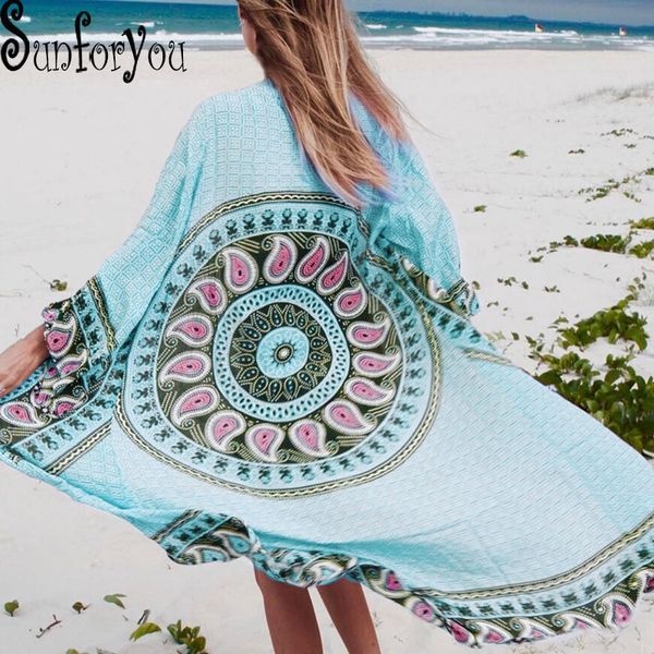 

saida de praia 2019 beach cover up long beach dresses tunic for pareos robe de plage print women beachwear bikini cover up, Blue;gray