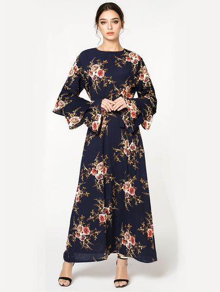 

Muslim Malaysia Floral Long Dresses Spring Summer Women Flare Long Sleeves Casual Fashion Dress