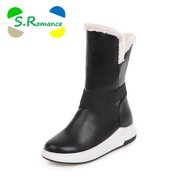 

s.romance women snow boots plus size 34-43 slip-on round toe new fashion women shoes winter boots black white brown red sb1162