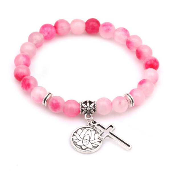 

silver plated flower cross with rose red agates round beads elastic bracelet meditation jewelry, Black
