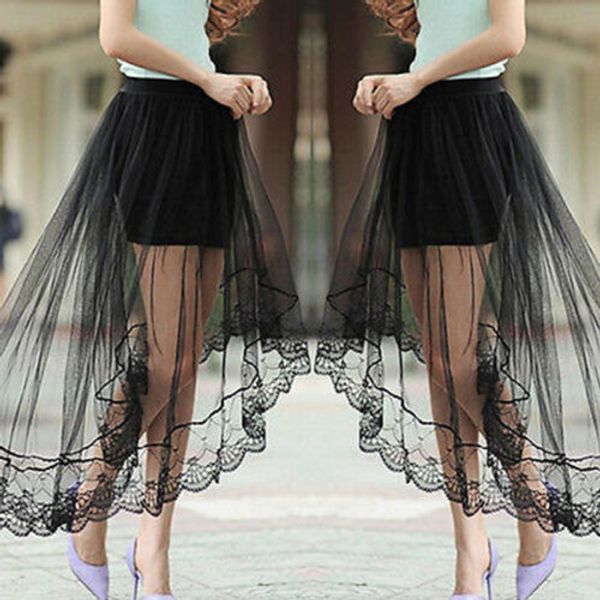 

skirts women 2019 summer fashion tulle elastic high waist mesh skirt pleated long skirts midi skirt femme, Black