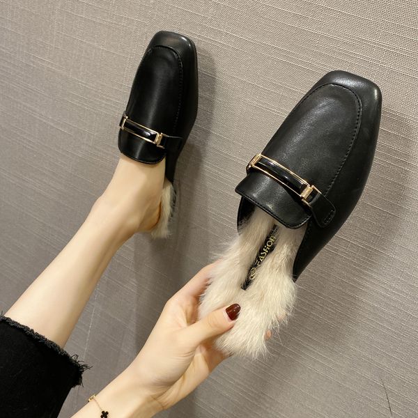

flat shoes female womens slippers outdoor fur flip flops pantofle cover toe platform low luxury slides loafers plush 2019, Black