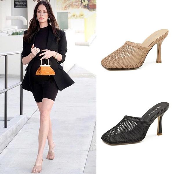 

fretwork heels female shoes low slippers women summer cover toe heeled mules slides thin 2020 high pu basic fabric rubber hoof, Black