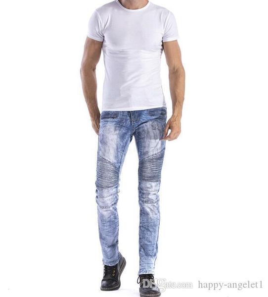 

мужские плиссированные байкерские джинсы брюки slim fit дизайнерские мотоциклетные джинсовые брюки для мужчин прямые промытые мульти молнии, Blue