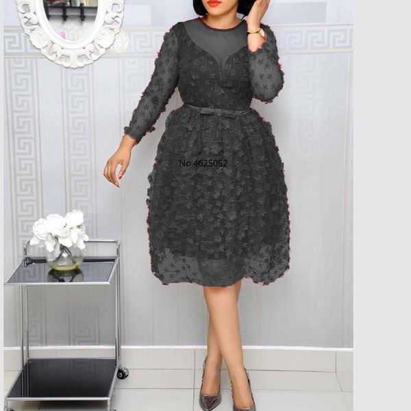 

african women clothing shiny red a line high waist belted mesh patchwork ladies party wedding evening vintage midi dress, Black;gray