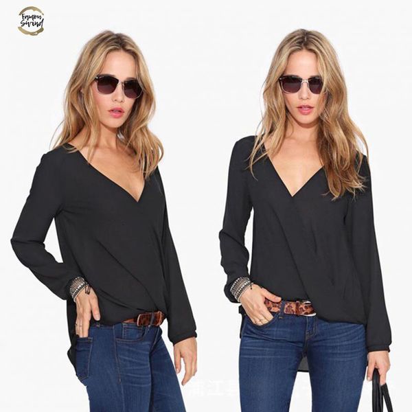 

sale new fashion women summer casual loose long sleeve chiffon blouse blusas femininas v neck pure color shirt, White