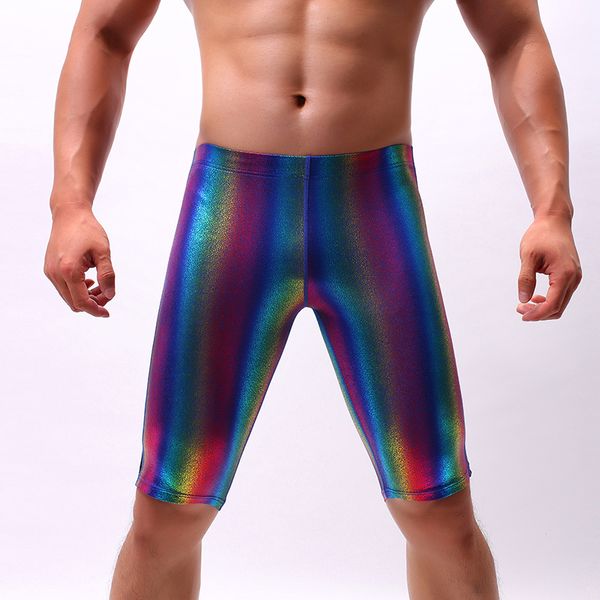 

men's casual shorts imitation leather rainbow shorts high elastic mesh low waist middle length skinny, White;black
