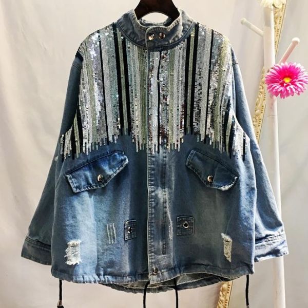 

medium long loose sequins denim jacket women large size sequins tassel hole washed stand collar jeans coat, Black;brown
