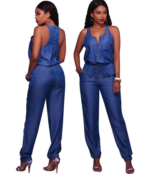 

vintage jeans jumpsuit sleeveless zipper up tank denim jumpsuits rompres women bodysuit one piece pants overalls casual clothing, Black;white