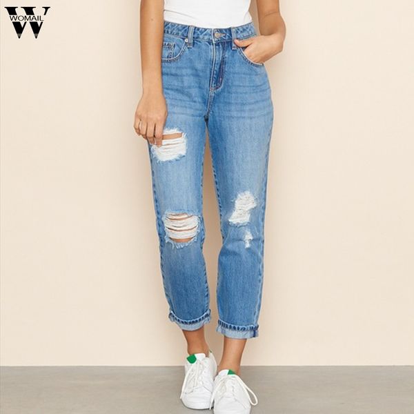 

womail jean woman mom jeans pants high waist zipper slim fit jeans for women with holes pocket button blue fashion pants