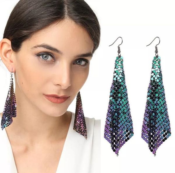 

bohemian earrings for women lightweight metal mesh grid sequins tassel long drop dangle earring lady girls charm jewelry kimter-m983f, Golden;silver