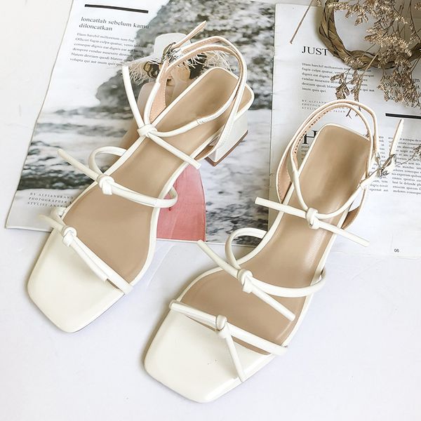 

2020 summer new style buckle square head bow thick heel open toe strap high heels wild sandals, Black
