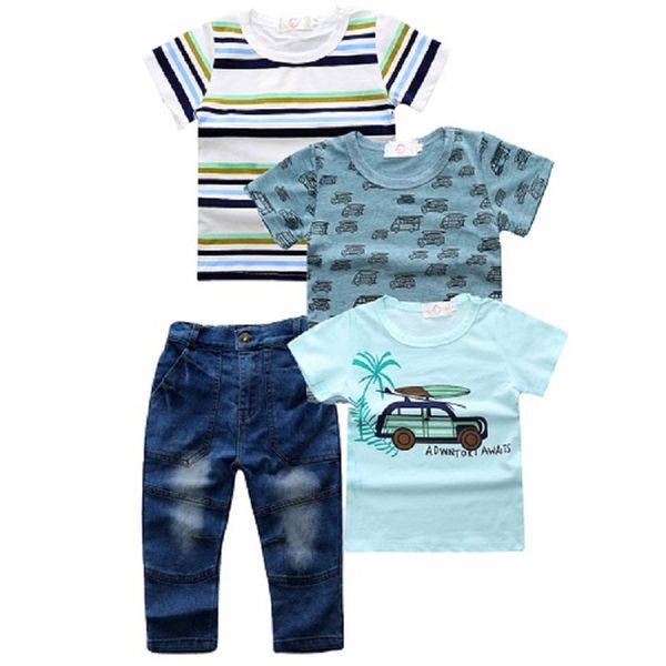 

boy short sleeve round neck cotton three t-shirts and long jean pants suit four pieces children summer sets kg 019, White