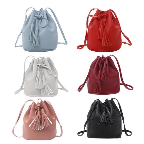 

leather mini shoulder bags women girls tassels drawstring messenger bucket