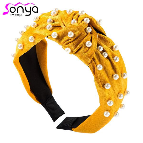 

korean version simple fabric fashion knotted fabric headband women elegant pearl hair band temperament hair accessories h021, Golden;white