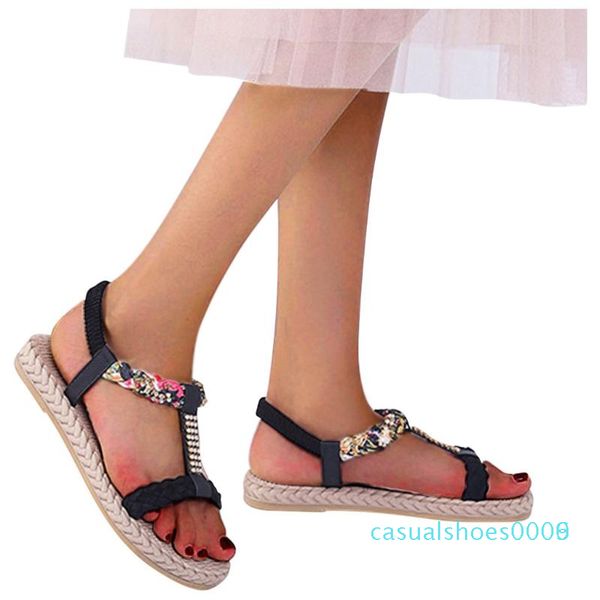 

crystal t-type printed sandal for woman flower elastic band peep toe flat with sandals woman zapatos de mujer 2020 c06, Black