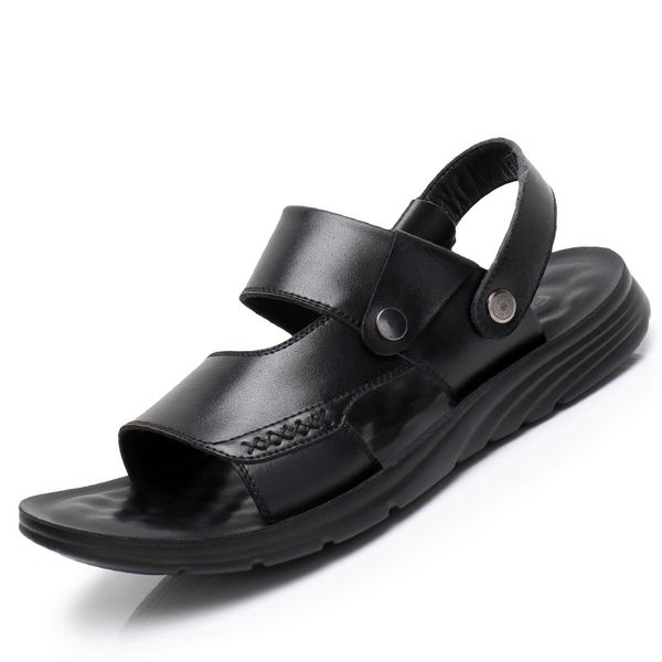 

summer men sandals beach flip flops men breathable waterproof non-slip flats shoes casual split leather slippers sandalias, Black