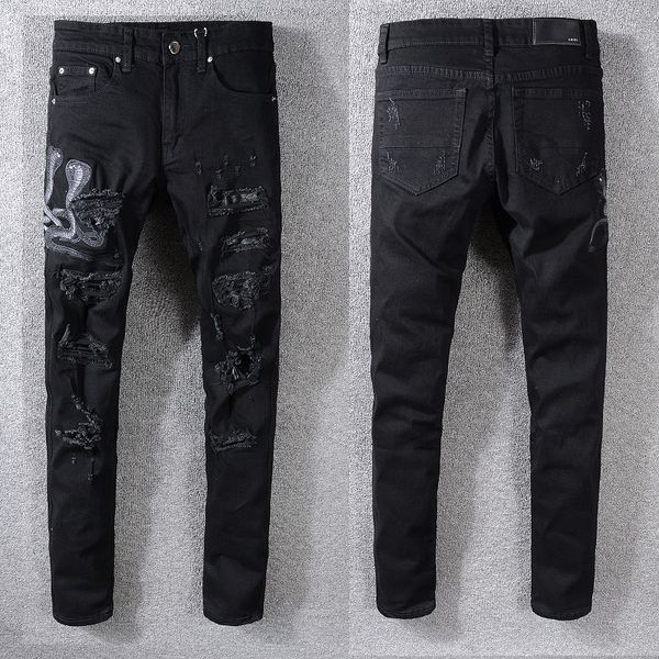 

19 men brand jean amiri jean cobra embroidered pant cotton tight fa hion hip hop feet pant ca ual de igner hole pant
